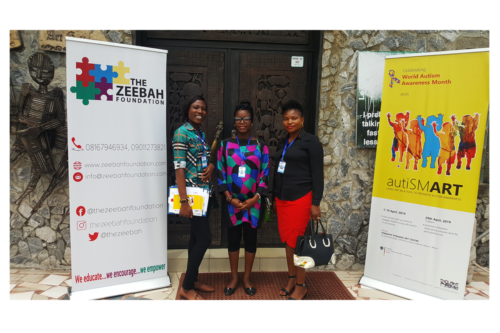 Staff of The Zeebah Place, Abuja, Godsfavour Chukwuma (Support Aide), Oluwadamilola Olukitibi(Assistant Training Coordinator) and Lauretta Odili (Hospitality & Guest Service Officer) at autiSMART  exhibition - April 29, 2019.